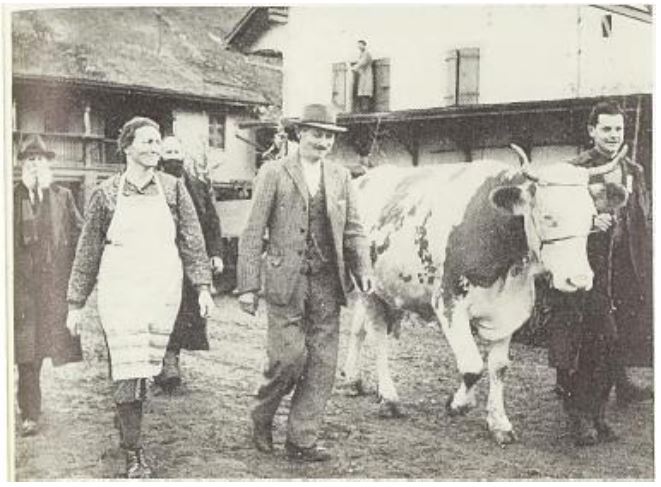 Auguste «Gugu» Maeder zusammen mit seiner Frau Marie-Louise am 13. Februar 1951, anlässlich der Zwangsversteigerung seiner Kuh «Charmante».