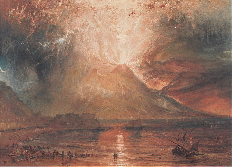Der Ausbruch des Tambora 1815 führte im Jahr ohne Sommer (1816) weltweit zu einer Senkung der Durchschnittstemperatur. Eine merkbare Veränderung des Himmels konnte auch in Europa festgestellt werden. Künstler wie William Turner waren von Vulkanausbrüchen fasziniert und liessen sich in jener Zeit von den farbenfrohen Himmeln zu neuen Werken – hier das Gemälde «Ausbruch des Vesuvs» (1817) – inspirieren.  Bildnachweis: Eruption of Vesuvius (1817) von William Turner (1775-1851); Lizenz: Wikimedia Commons, Public domain, (Original: YCBA/lido-TMS-5472; Yale Center for British Art).